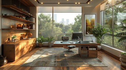 Sleek home office with a clean desk ergonomic chair and large window modern design natural light digital rendering