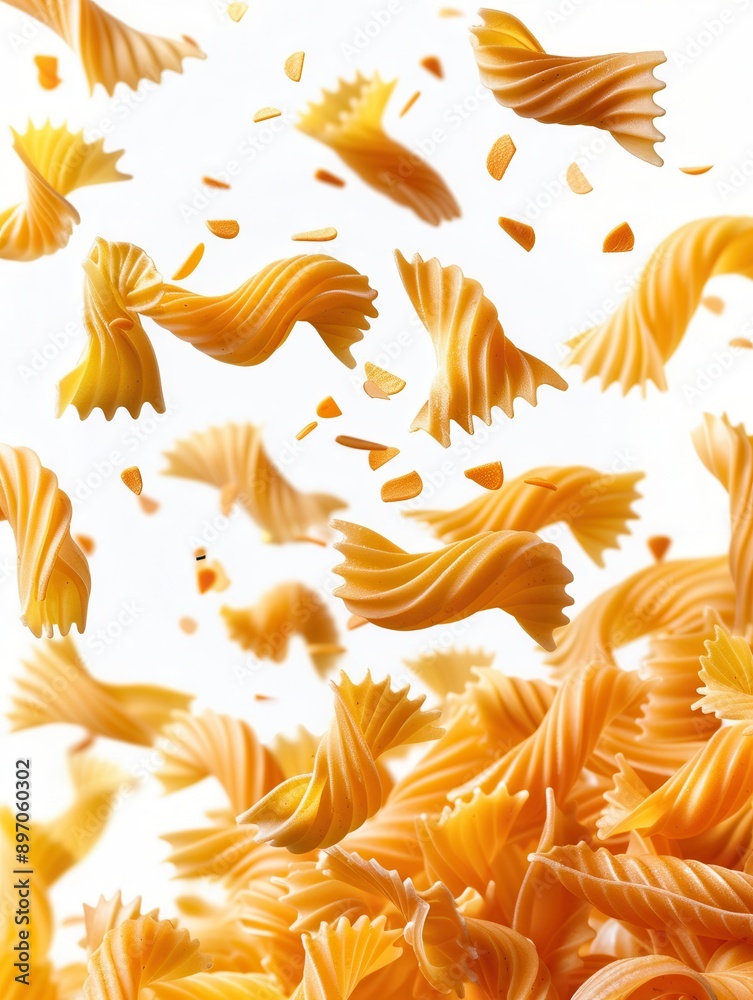 Poster raw italian pasta falls gracefully through the air, creating a beautiful cascade of golden shapes ag