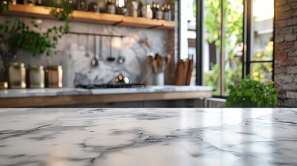 Close-up of a White Marble Countertop with a Blurred Kitchen Background