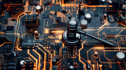 Fototapeta premium A gavel placed on a glowing circuit board, symbolizing the intersection of law and technology.