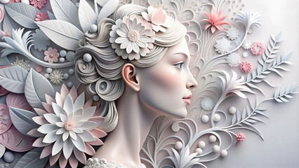 3D Art of a Woman with Floral Accents, Pastel Colors, Elegant Profile
