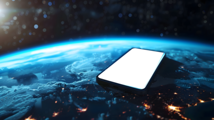 smartphone in space. with the planet Mars in the background with a transparent screen