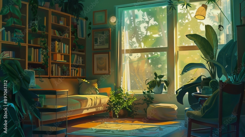 Poster sunlight streams through a large window, illuminating a living room with a comfortable sofa, potted 