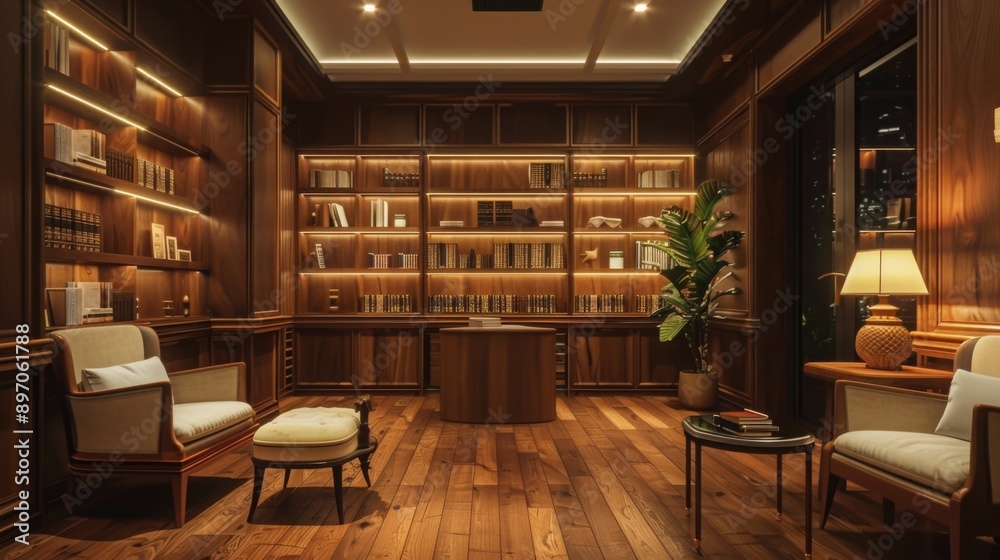 Poster A dimly lit library with wood-paneled walls and a large bookshelf filled with books. Two plush chairs and a small table provide a cozy space for reading or relaxing.