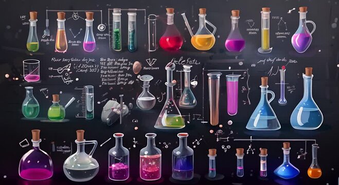 A collection of colorful glass bottles with labels that say "Alchemy" and "Chemistry". The bottles are arranged in a row on a blackboard, with some bottles placed closer to the top