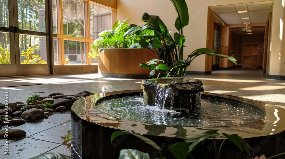 Aufkleber A modern lobby with a small water fountain featuring a rock waterfall. Sunlight streams through large windows, creating a tranquil atmosphere.