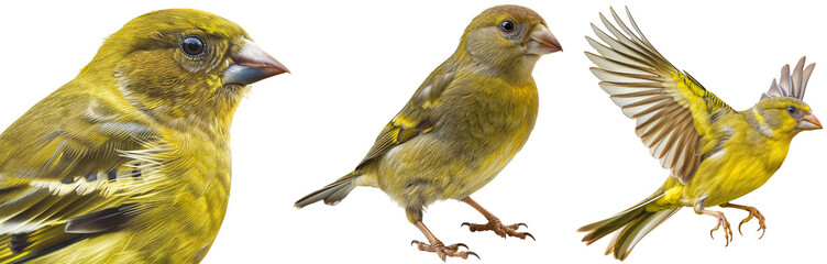 Set of European Greenfinch on Transparent Background for Nature and Wildlife Themes, Close-Up Portrait, Perching and Flying Green Bird