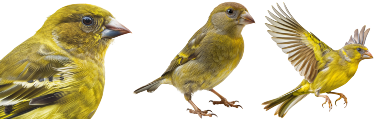 Set of European Greenfinch on Transparent Background for Nature and Wildlife Themes, Close-Up Portrait, Perching and Flying Green Bird