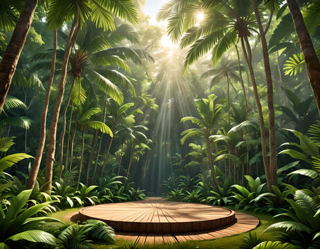 Wood podium, background tropical forest. Pedestal hide in deep equatorial jungle, nice plants surround it. It's sunny day, and sun light up wood scean