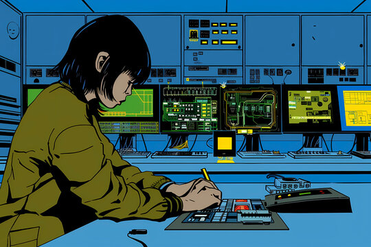 A focused individual seated at a high-tech control station, surrounded by various screens and electronic devices, depicting themes of technology and concentration in a modern workspace.
