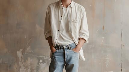 Obraz premium Full body shot of person in white shirt and denim jeans, minimalist outfit