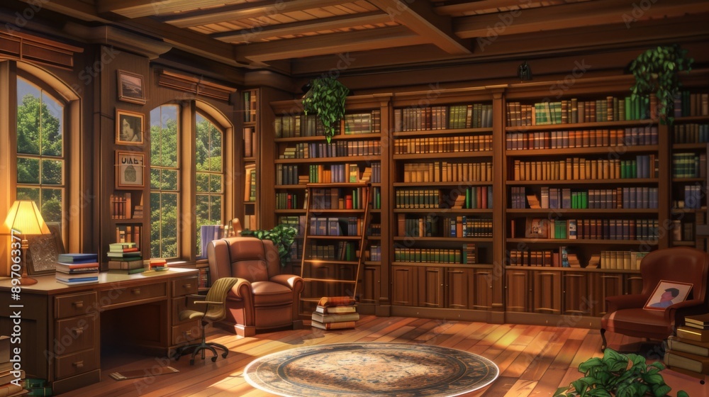 Poster Sunlight streams through large windows in a spacious study with a large, wooden bookshelf filled with books, a comfortable leather chair, and a wooden desk.