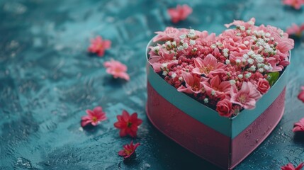 A heart-shaped box filled with pink flowers, ideal for Valentine's Day or romantic occasions