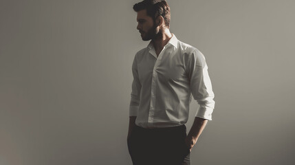 Fototapeta premium Man in white shirt and black tailored pants, minimalist fashion