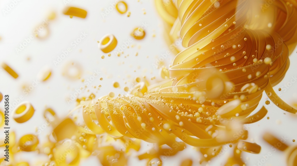 Poster a close-up shot of raw italian pasta falling gracefully against a white background, creating a visua