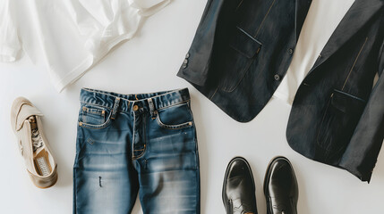 Simple capsule wardrobe flat lay with jeans, t-shirt, blazer, and loafers