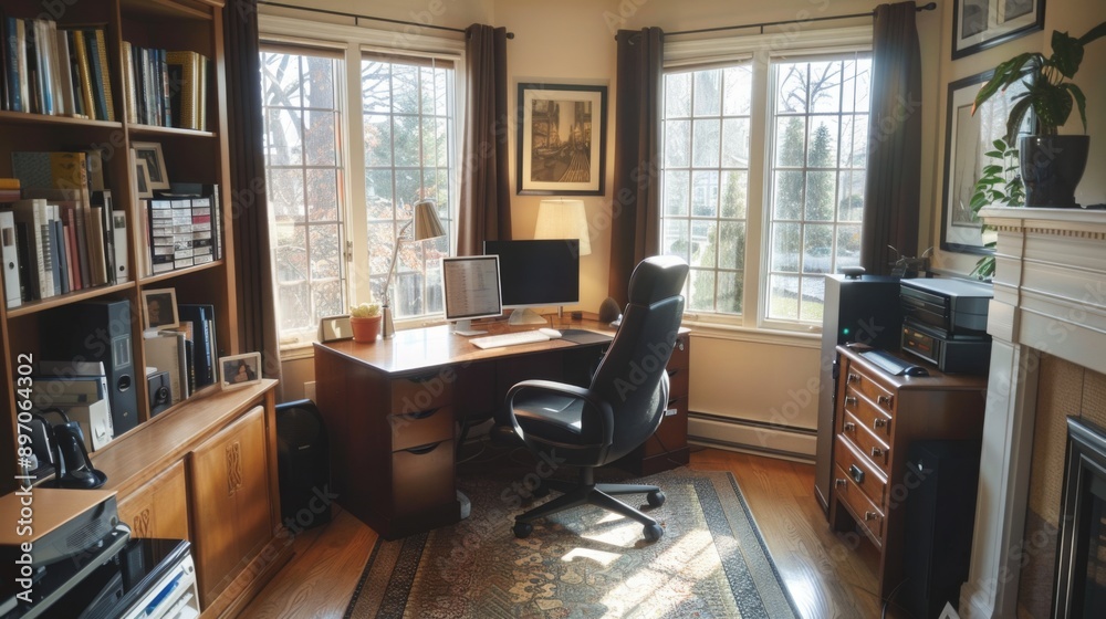 Poster A home office desk with a large window behind it and a bookcase to the left. The desk is wooden with a black leather office chair. Sunlight streams through the window.