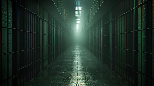 A corridor of cells, typically found in prisons or detention centers. The corridor is long and narrow, with metal bars on either side, forming a cage-like structure