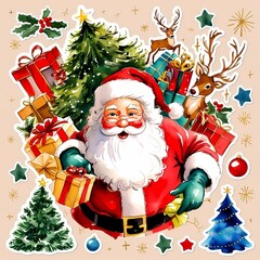 Cheerful Christmas scene in hand-drawn watercolors, showing Santa Claus, gifts, Christmas tree, reindeer, and stars on a light beige background, vector graphic with a white sticker-like outline around