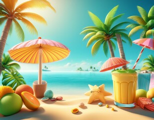 Obraz premium Vibrant summer banner with big tropical emoji elements like palm trees, beach