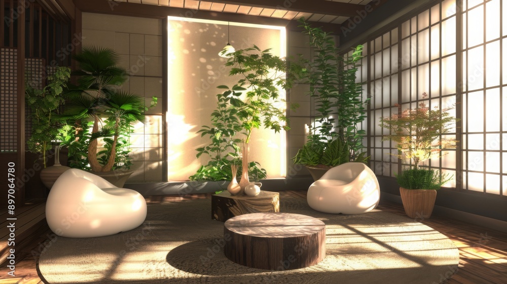 Poster sunlight streams through a large window in a spacious living room, illuminating the wooden floor and