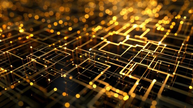 Abstract golden network grid with glowing data transfer on a dark backdrop