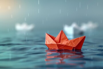 vibrant red paper boat floating calm blue water