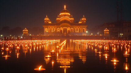 Obraz premium A mesmerizing night scene of a religious or cultural event. A prominent temple with a golden dome stands in the background, illuminated by numerous candles placed in front of it