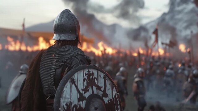 Medieval knight overlooking fiery battlefield. Chainmail armor and viking shield with snowy mountains in the background. Atmospheric cinematic war scene for an historical combat