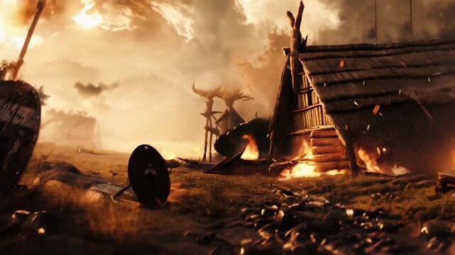Viking shield and burning village. Fiery embers swirl amidst destruction after a war. Atmospheric battle scene for the background of a wallpaper. Dramatic historical conflict. Norse raid aftermath.