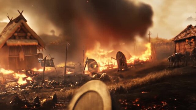 medieval battlefield with shields, weapons and viking huts of a village on fire in the background. epic and cinematic wallpaper with fire and particles in the air at sunset