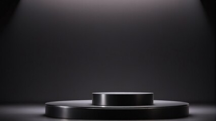 Sleek black podium with chrome accents, dark gradient background, sharp focused lighting, premium product unveiling