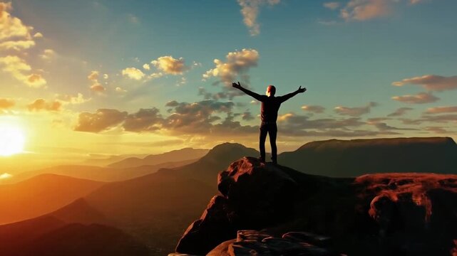 Sunset with a joyful and happy silhouette of a person gazing at the horizon, with mountains, clouds and the brilliant sun. An epic background for motivational quotes
