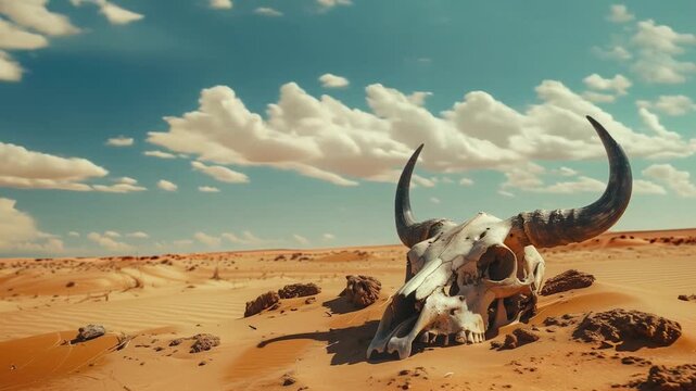 Bleached animal skull with horns on the ground of the desert sand. Arid landscape with blue sky and fluffy clouds, symbolizing harsh climate and survival. Video timelapse.