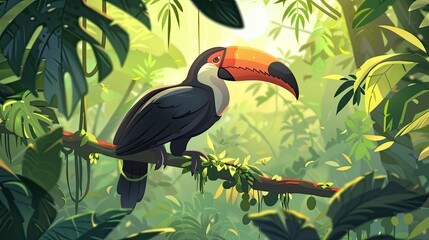 Obraz premium Colorful toucan perched on a branch in the rainforest