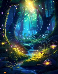 Obraz premium Mystical forest with sparkling fireflies, magical flying butterflies