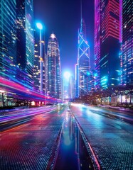 Naklejka premium A vibrant and dazzling city skyline with glowing neon lights and reflections on the wet road surface