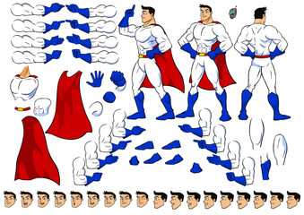 Vector superhero man character with lip sync and eye blink, all sides rigged © Samad