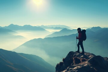 Fototapeta premium Photo of a man hiking with a backpack and standing on top of mountain and looking at beautiful view, concept of success in hiking or trekking, copy space for text.