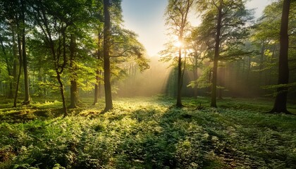 Fototapeta premium The peaceful and quiet beauty of a forest glade with scattered sun rays. A forest on a beautiful day with sun rays breaking through