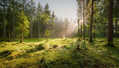 Obraz premium The peaceful and quiet beauty of a forest glade with scattered sun rays. A forest on a beautiful day with sun rays breaking through