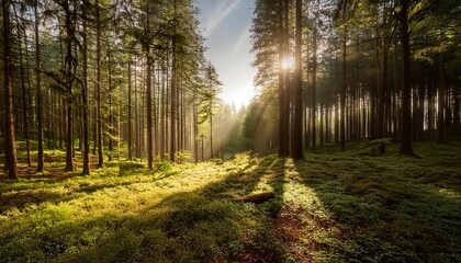 Fototapeta premium The peaceful and quiet beauty of a forest glade with scattered sun rays. A forest on a beautiful day with sun rays breaking through