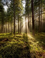 Fototapeta premium The peaceful and quiet beauty of a forest glade with scattered sun rays. A forest on a beautiful day with sun rays breaking through