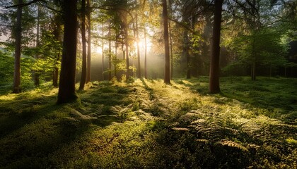 Obraz premium The peaceful and quiet beauty of a forest glade with scattered sun rays. A forest on a beautiful day with sun rays breaking through
