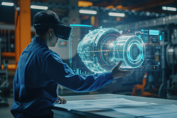 A male engineer wearing a VR headset interacts with a holographic model in an industrial setting, showcasing advanced virtual reality technology for industrial visualization.