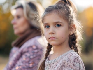 A young girl stands beside her elderly grandmother, sharing a special moment