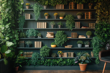 A contemporary-style bookshelf adorned with plants that serves as a modern decorative element for virtual office backdrops, studio backgrounds, or can be printed in a large format to enhance a back