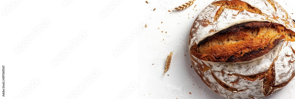 Poster a close-up of a freshly baked loaf of wheat bread with a crispy crust and a soft interior, displayed