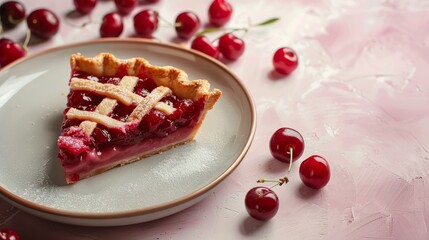 Cherry Pie Slice on a Plate with Cherries Scattered Around
