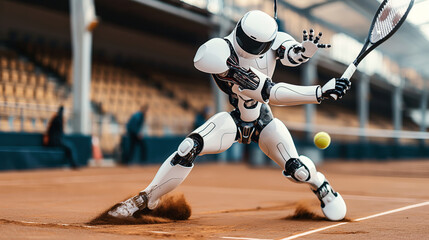 Fototapeta premium Humanoid robot playing tennis on a clay court, hitting a tennis ball with a racket, with blurred spectators in the background.
